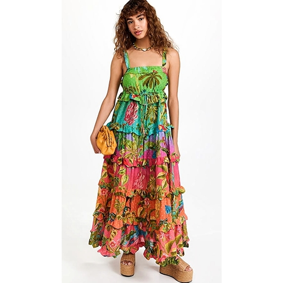 Farm Rio Anthropologie Ombre Forest Tiered Ruffle Beaded Maxi Dress - Picture 6 of 8